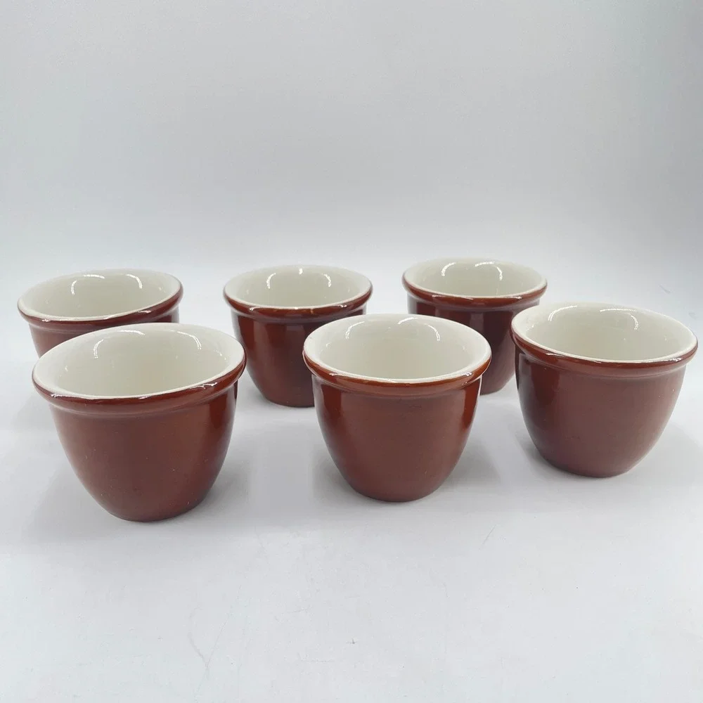 Vintage Hall China 352 Brown White Stoneware Custard Cups Ramekins set of 6 USA